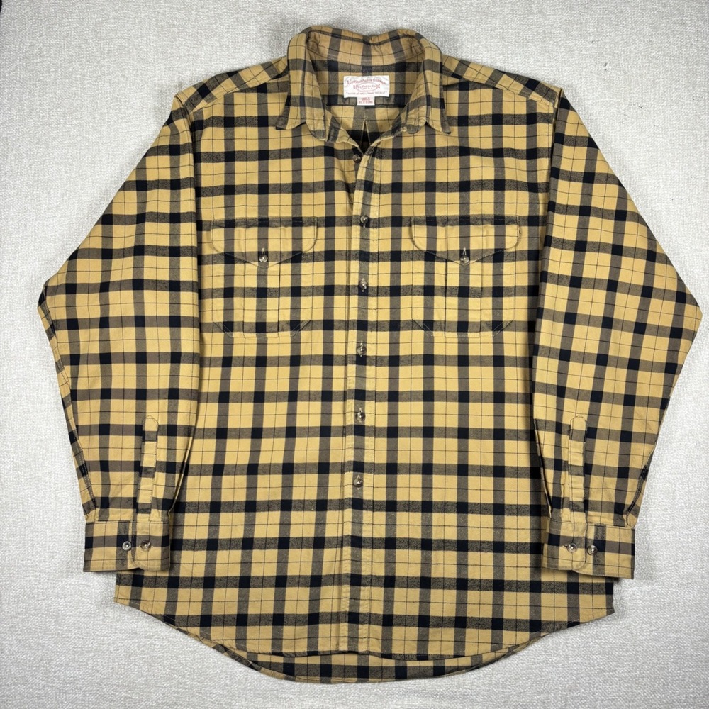 Filson Mens XL X-Long Cotton Twill Flannel Shirt Tan Black Plaid Buffalo Check